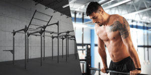 Build your box athlete performs muscle up on rig