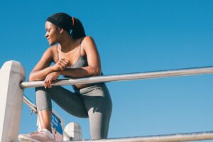 Athlete takes a break from workout and looks into distance