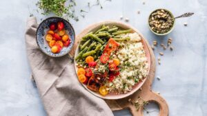 Healthy foods on tablecloth