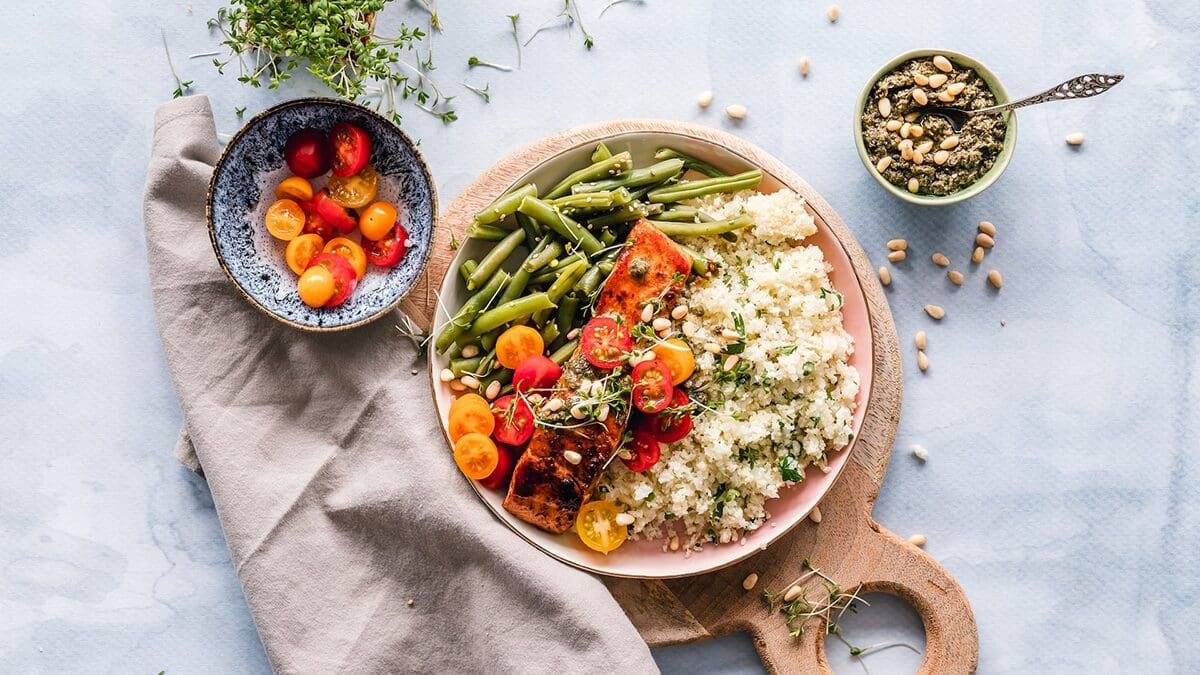 Healthy foods on tablecloth